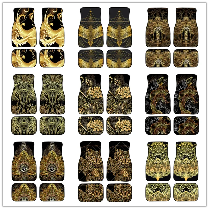 Golden Spiritual Bird Print All Protective Car Floor Mats Heavy Carpet Front and Rear Full Set 4PCs Pack for Car SUV