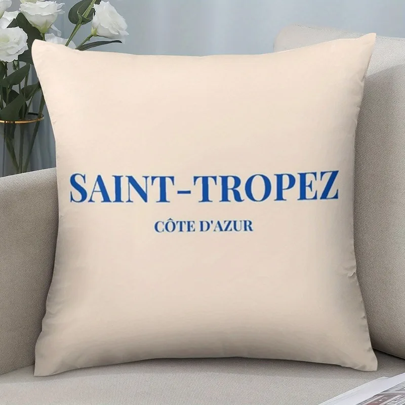 Funda de almohada Saint-Tropez con texto de la Riviera Francesa, funda decorativa para cojín de 18x18 pulgadas, con cremallera, lavable a máquina para sala de estar