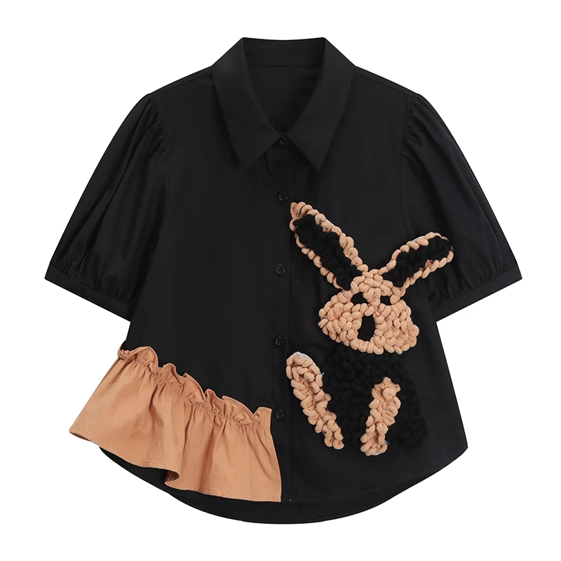 Streetwear Hooked 3D Rabbit Blouse Women Spring Summer Turn-down Collar Short Sleeve Ruffles Black Tops Shirts Blusas Mujer