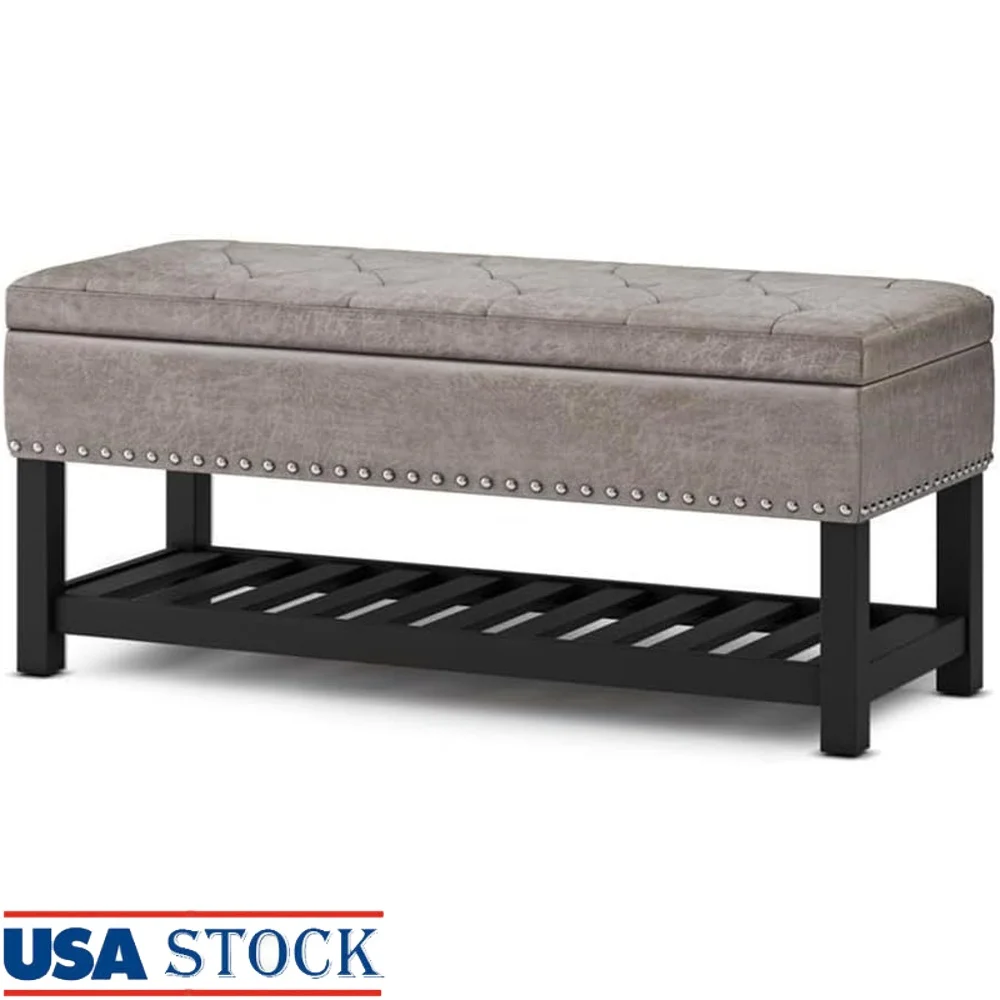 

Wide Rectangle Storage Ottoman Bench Distressed Vegan Faux Leather Lift Top Child Safe Hinge Large Interior Storage
