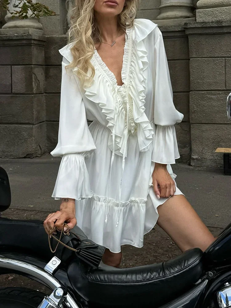 2025 Nuovo abito primavera estate Solido pizzo con scollo a V Dolce mini abito in chiffon per le donne Abiti vintage a maniche lunghe alla moda