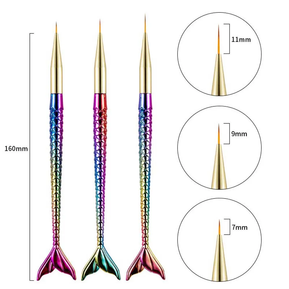 3 Stks/set Ultra-Dunne Lijn Zeemeermin Nail Painting Borstel Zeemeermin Staart Vorm Bloem Lijn Grid Zeemeermin Nail Art Liner Pen