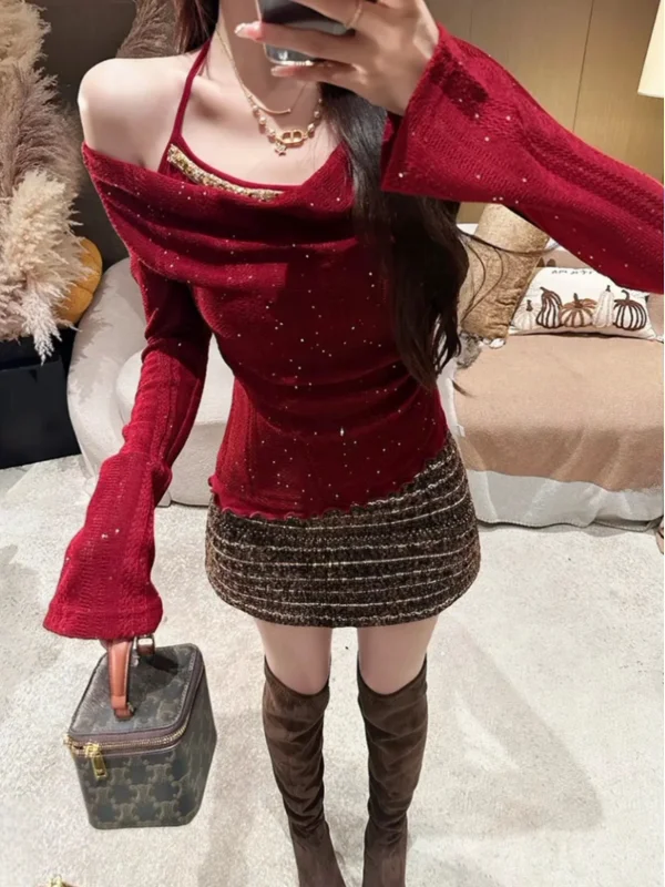 

plus Size Korean Sle Sexy Spicy Girl One oulder Diamond Long Sve Base T-irt Women Winter New Slim Fit Fake Two-Piece...