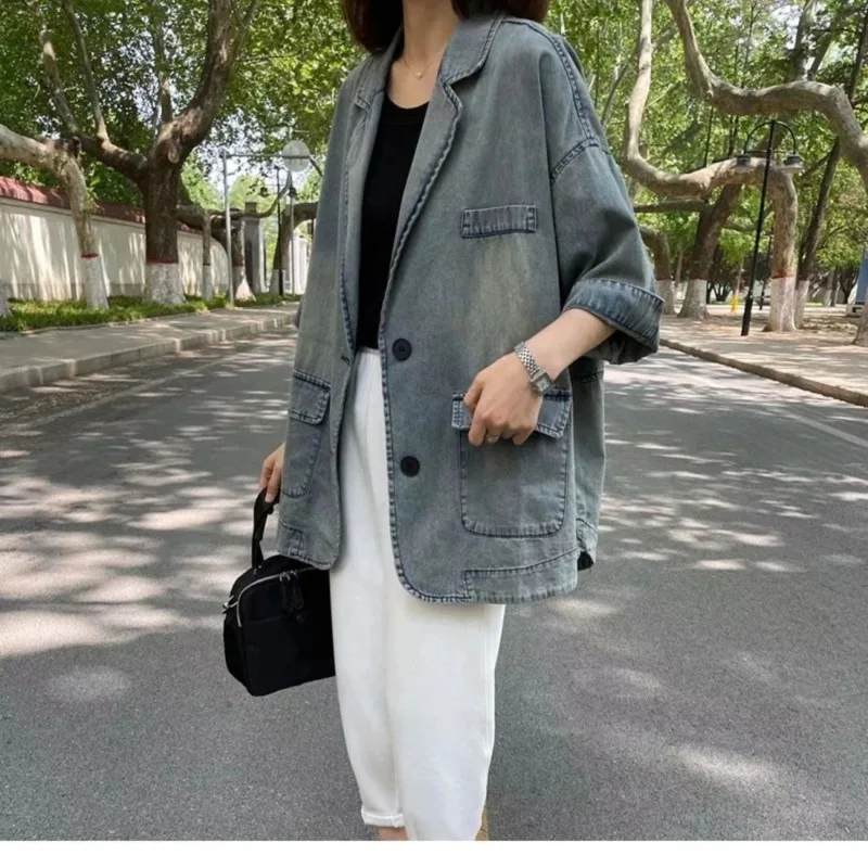 Autumn Korean Coat Women Denim Jacket Office Ladies Blazer Vintage Trend Outerwear Single Breasted Long Sleeve Big Size Clothes