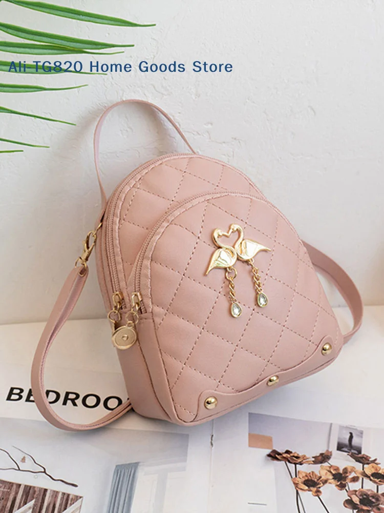 

[TG820]Rhombus Student Double-layer Backpack Women Fashion Swan Tassel Pendant Mini Backpack