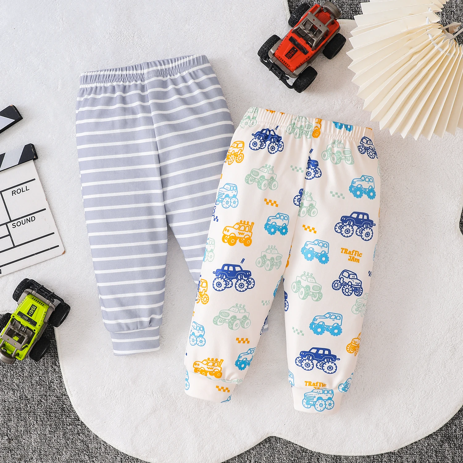 Infant Toddler Baby Boys Grey Striped & Colorful Monster Truck Print Jogger Pants,Soft Cotton Elastic Waist 2Pcs Set All Seasons