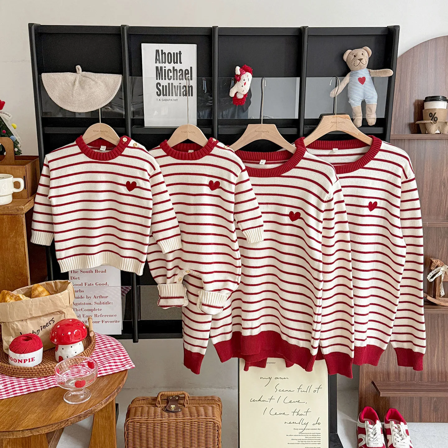 

2026 Family Matching Sweater with Embroidered Hearts Knit Tops for Mom Dad and Kids Brother-Sister Couple Outfits Family Photos