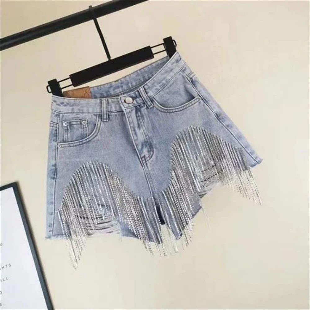 High Waisted Ripped Jeans for Women Short Capris Diamond Tassel Casual Bottoms for Ladies Summer Clothing