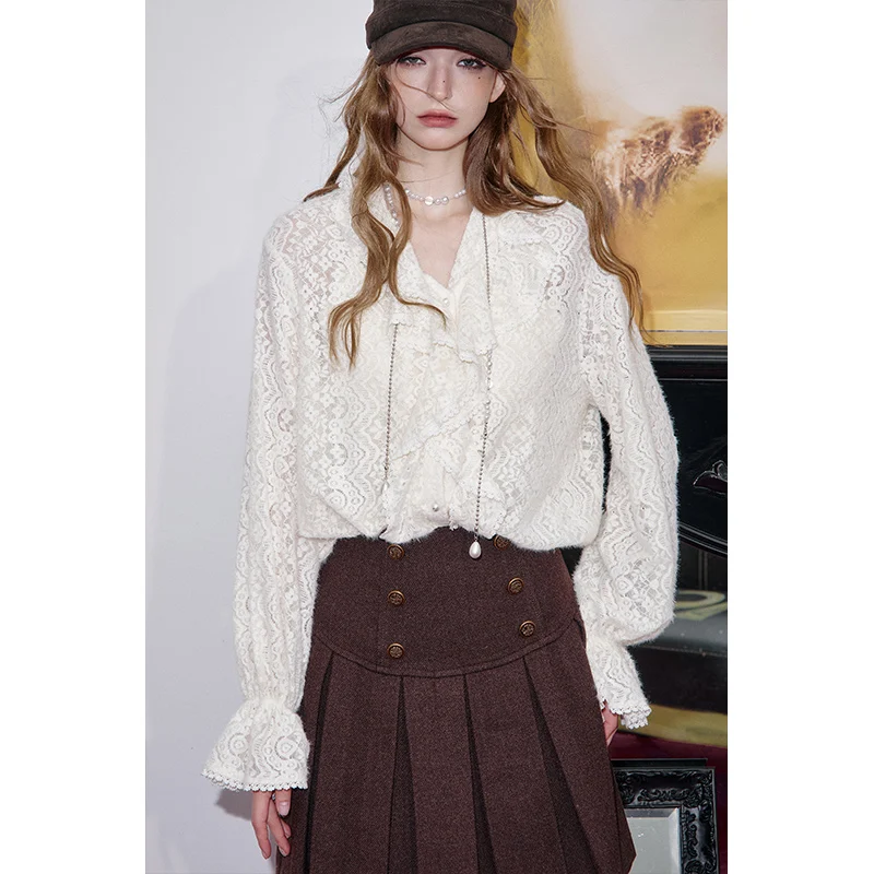 ELFSACK 2025 winter New Arrival Casual Elegant Lace Ruffle Collar Long Sleeve See Through Blouse For Woman