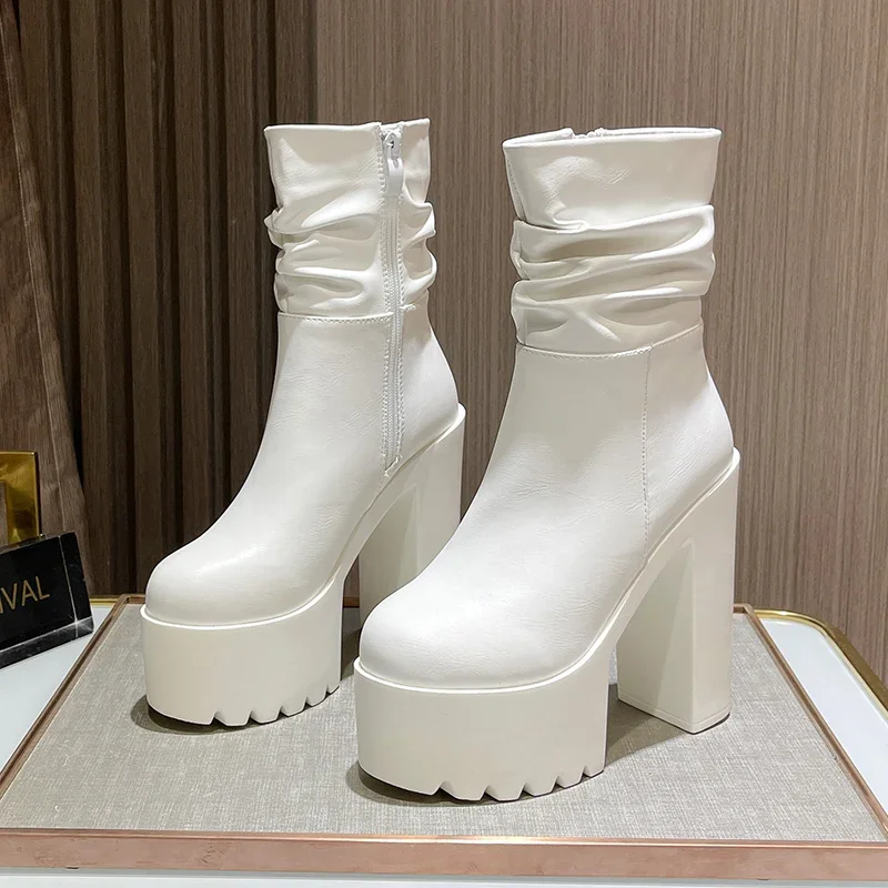 16cm Chunky-Heel Platform Boots Women's Sexy Combat Boots - Waterproof-Terrace Elevated with Back Zipper Closure