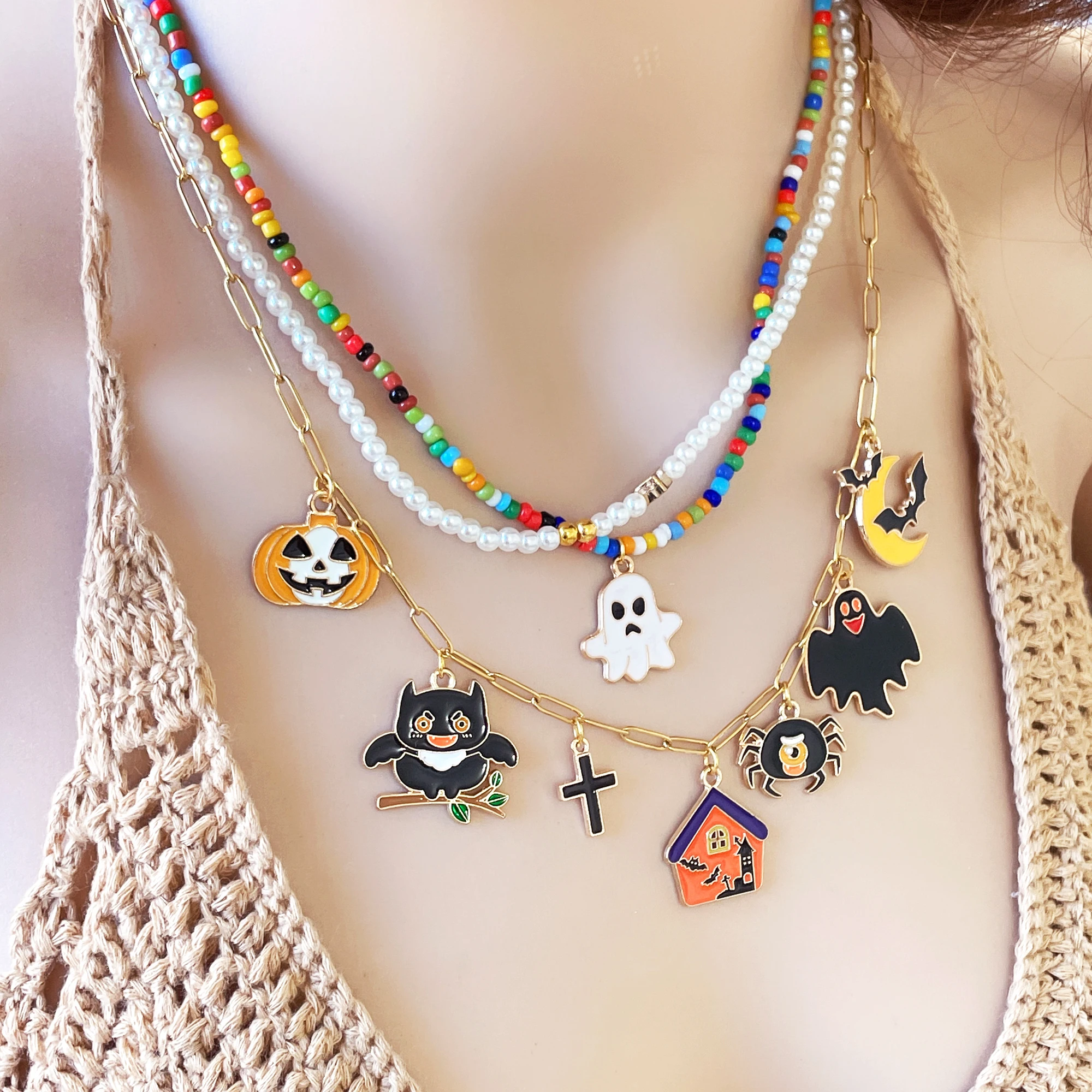 女性用ネックレスセット,パンク,バット,スパイダーゴースト,カボチャ,動物のペンダント,ハロウィーンのチェーン,ボヘミアンジュエリー,シルバーカラー