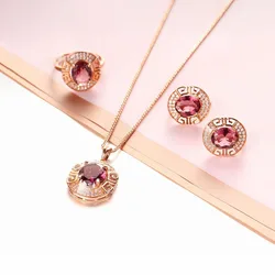 585 Purple Gold Smoke Gemstone Earrings for Women   Plated 14K Rose Gold Jewelry Sets Exquisite Round Wedding Ring Necklace