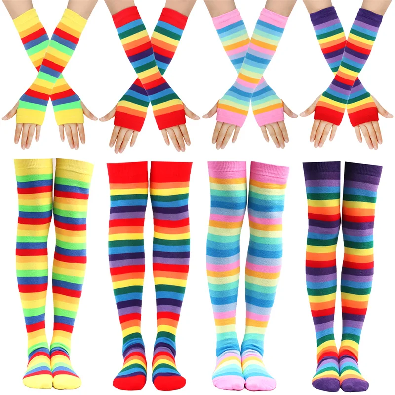 Autumn Winter Rainbow Stockings Striped Socks Gloves Over Knee Socks Arm Sleeve Women Christmas Gift Party Gathering Set