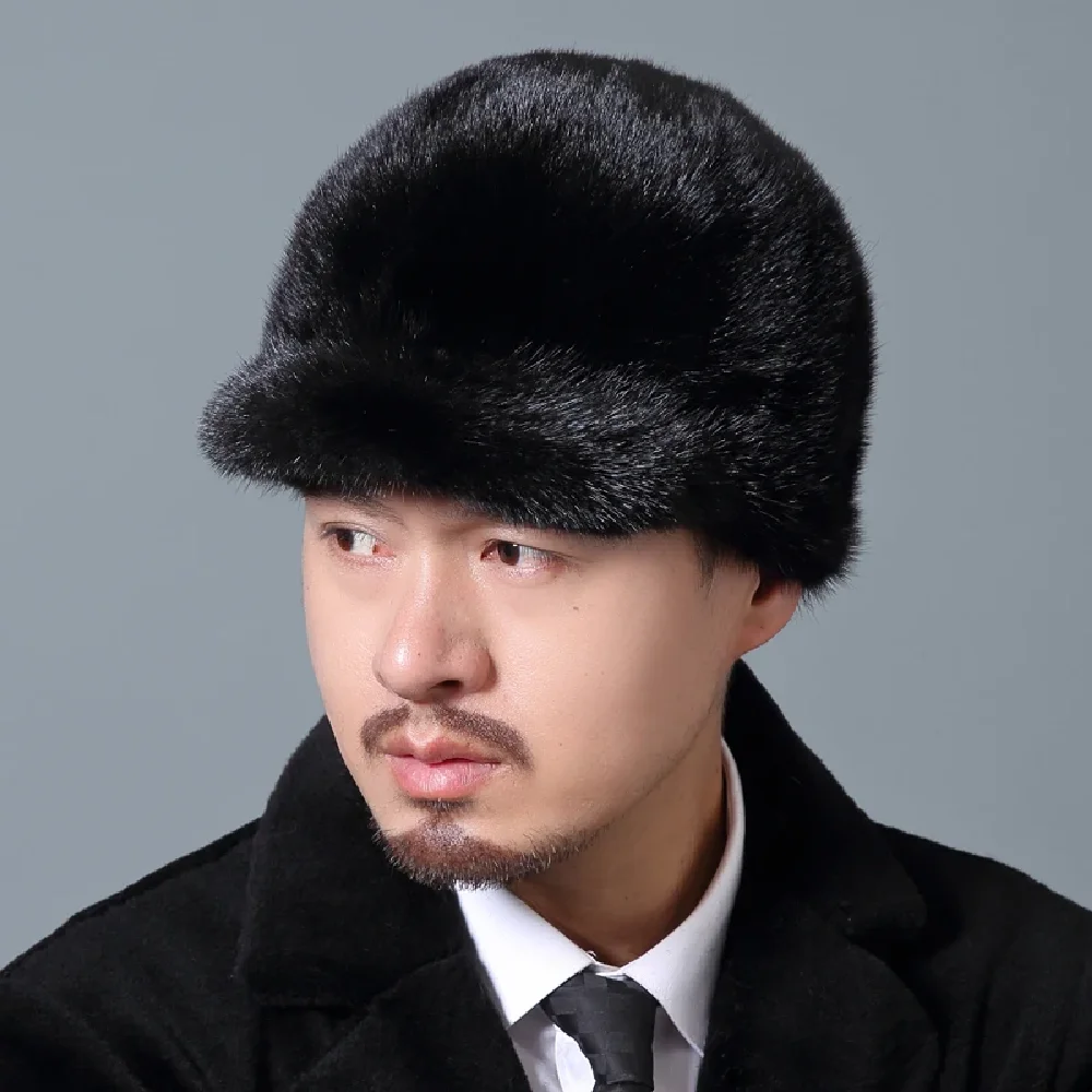 Men's Real Mink Fur Hat Winter Warm Peaked Cap Baseball Hat Casual Outdoor Ski Cap