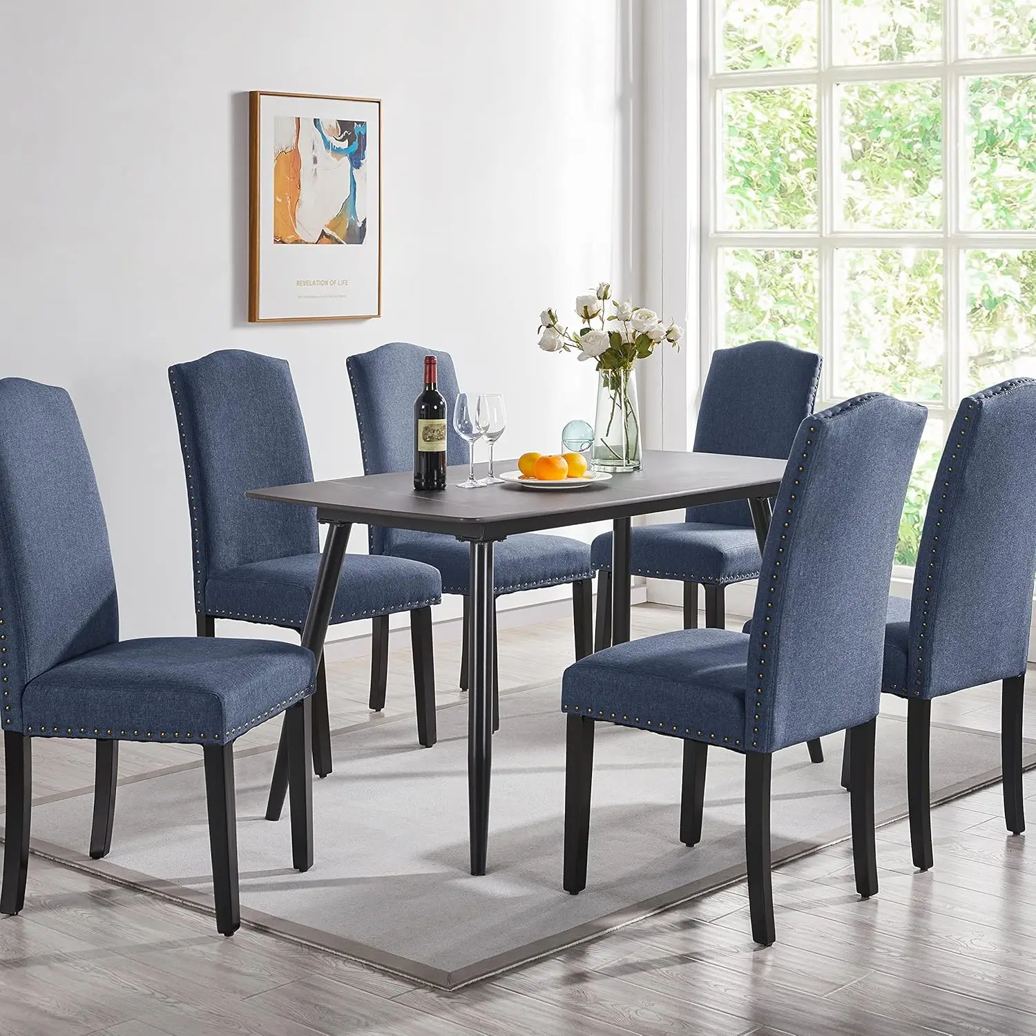 6pcs Dining Chairs Fabric Upholstered Chair Kitchen Parson Chair with Trim and Solid Wood Legs for Home