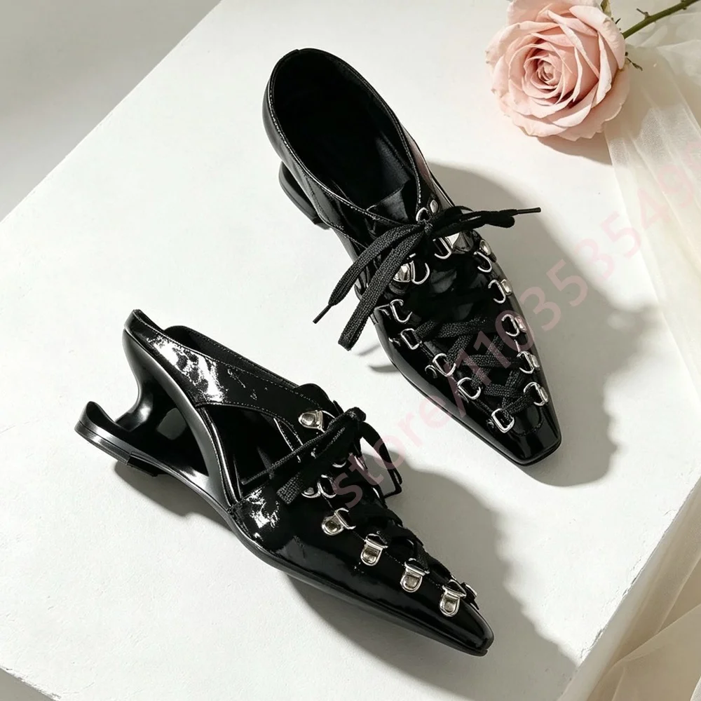 Women Patent Leather Mules Square Toe Lace‑Up Metal Eyelet Special‑Shaped Low Heel Backless Slip‑On Fashion Party Dress Shoes
