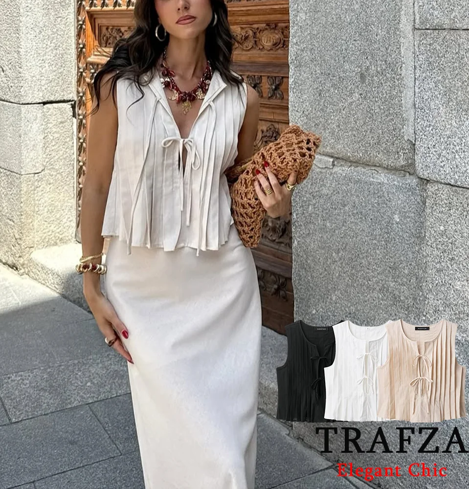 

KONDALA Elegant Chic Lace-up Vest Women's Bow Pleated Vest Top 2025 Fashion Summer Holidays Simple Versatile Mujer Vest