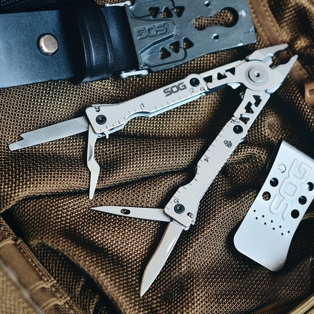 SOG 11 Tools Sync l Multi-tool Belt Buckle Mini Folding Pliers Pocket EDC Tools kit with Knife Outdoor Survival Gadgets For Men