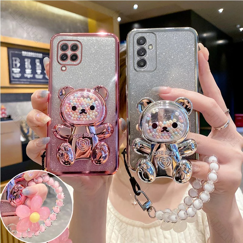 A 34 24 Flower Strap Bear Phone Holder Case On For Samsung Galaxy A71 A51 A31 A11 A34 A24 A54 A50 A20 A30 A03 A02 Stand Cover