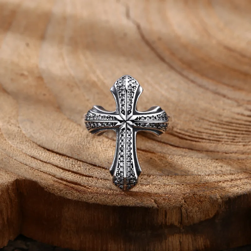 Wholesale 925 sterling silver ring zircon cross ring ring ring opening thai silver retro trendyy personalized jewelry