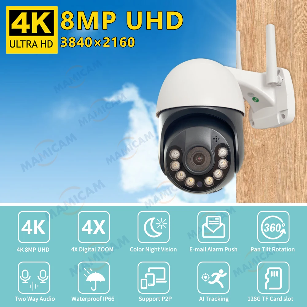 8MP 4K WiFi Camera 1080P HD Outdoor Dome PTZ Security Camera CCTV Video Surveillance H.265 Auto Tracking 4X Zoom ICSEE