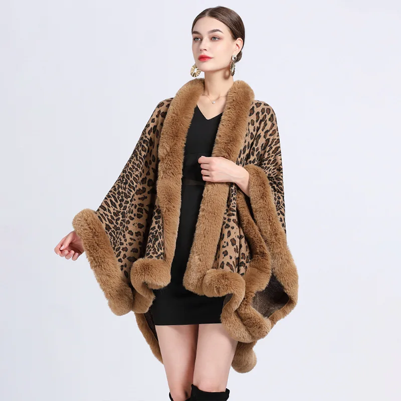 Women\'s Rex Rabbit Faux Fur Shawl Lady Luxury Leopard Overcoat Winter Keep Warm Wrap Sexy Cloak Classic Large Size Cardigan New