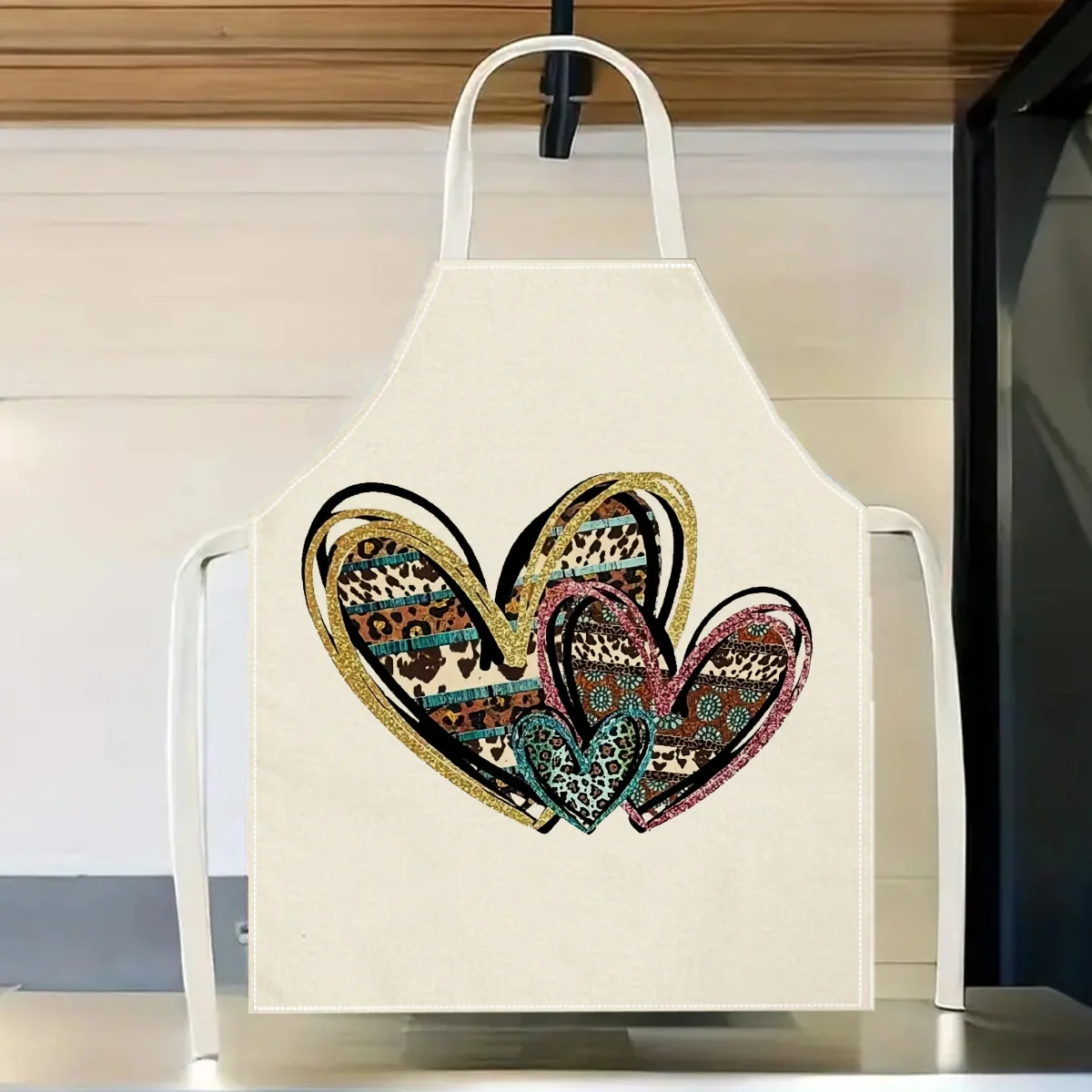 

Leopard Print Heart Apron Linen Cotton Kitchen Cooking Baking Gift for Women Girls Fashion Animal Print Chef Bib for Home Cafe