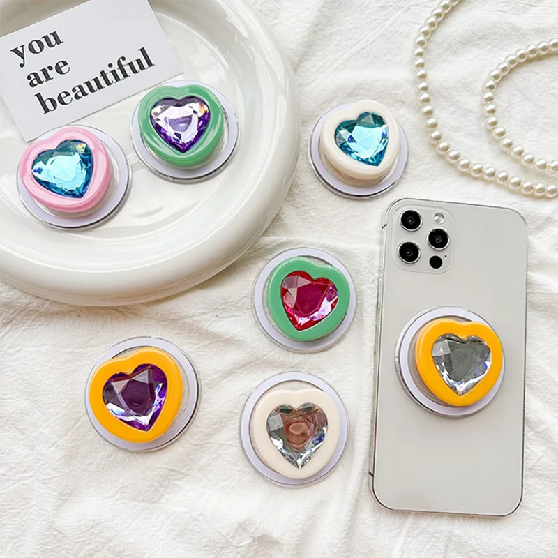 

Korea Ins Cute 3D Love Heart Diamond Bracket Stand Luxury Rhinestones Candy Holder Ring Finger Universal Phone Mobile Cover Case