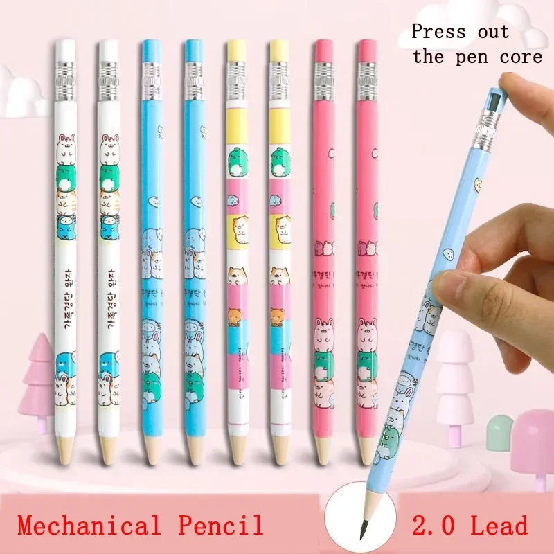 8pcs Mechanical Automatic Pencil 2.0 Cartoon Cute Plastic with Replaceable Black Lead Sharpener Hexagonal Barrel for Writing