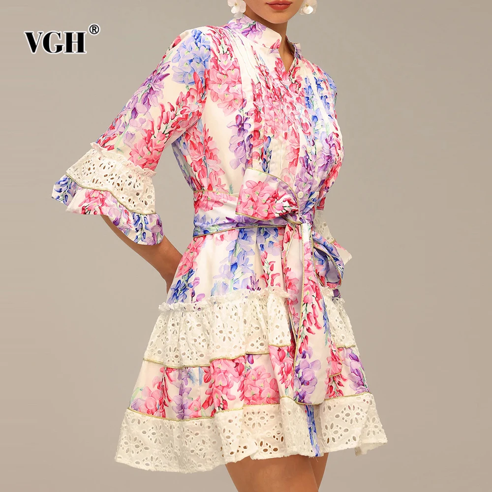 

VGH Elegant Slimming Lace Printing Dresses For Women V Neck Half Sleeve High Waist Spliced Lace Up Spring Sweet Dress Female New