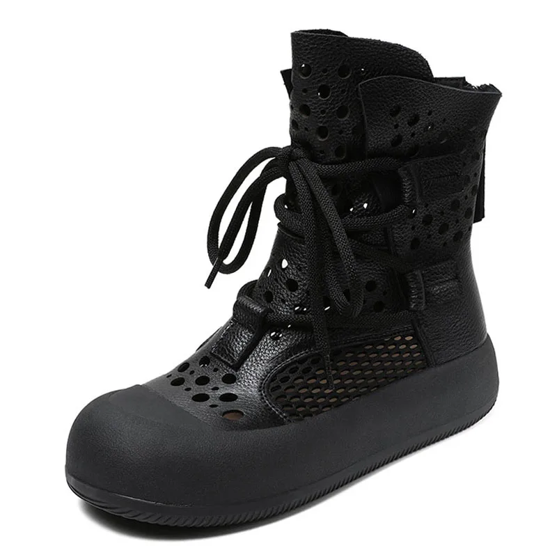 DRKANOL 2026 Summer Cool Boots Women Genuine Leather Hollow Out Breathable Mesh Zipper Thick Sole Chunky Platform Ankle Boots