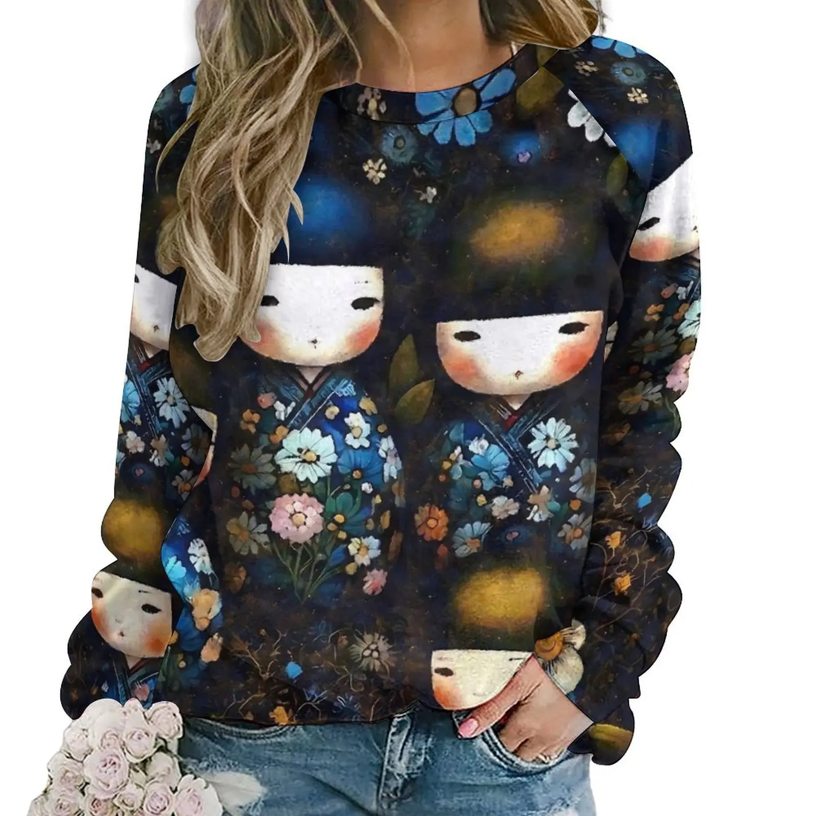 Kokeshi Dolls Casual Hoodies Spring Japanese Dolls Trendy Hoodie Long Sleeve Oversize Street Fashion Graphic Sweatshirts