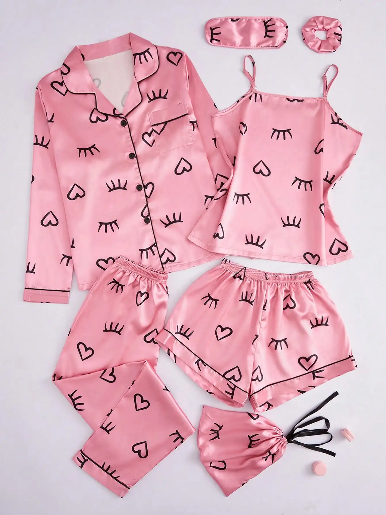 

Women’s 7-Piece Faux Silk Pajama Set, Pink Lash & Heart Print, Button-Down Top, Cami, Pants, Shorts, Eye Mask & Hair Tie Pyjamas