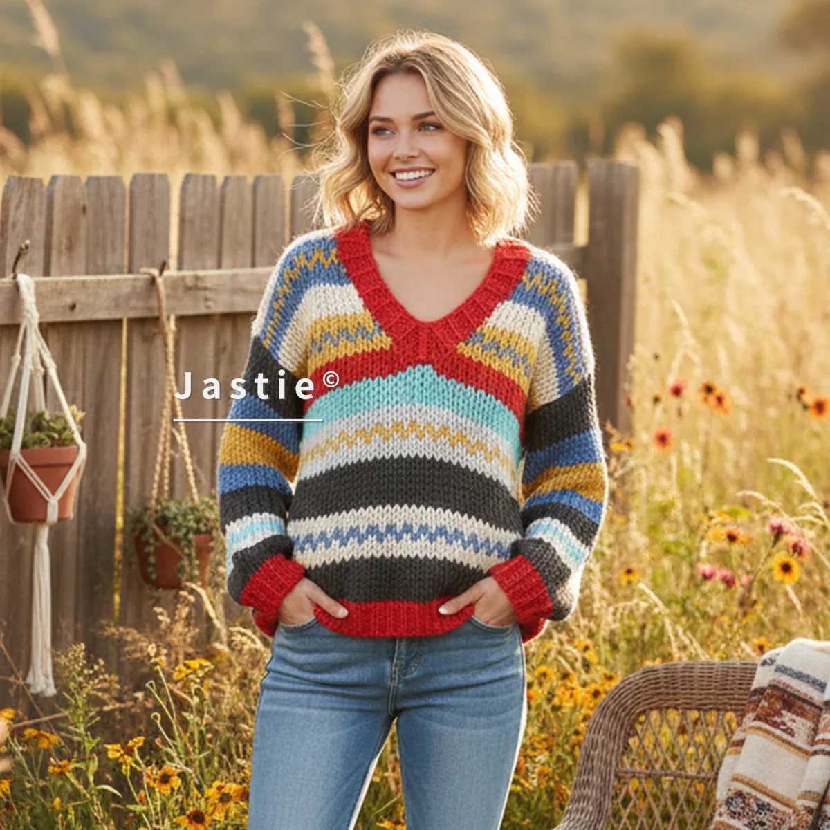 

Толстый вязаный свитер ручной работы с v-образным вырезом для женщин, большой пуловер в радужную полоску в стиле бохо, свободный осенне-зимний повседневный топ из плотной пряжи