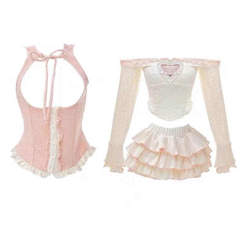 Three Piece Sets  Lolita Princess Dress Women Gothic Cross Bow Lace Ruffles Party Dresses Harajuku Cute Bandage Y2k Vestidos