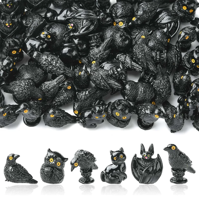 6/12pcs Mini 3D Animal Resin Figurines Black Cat Owl Crow Figures for Micro Landscape Spooky Home Party Table Decor, 6 Styles