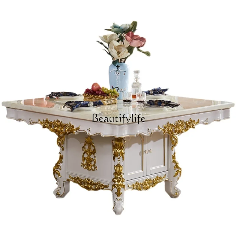 European-Style Square Dining Table Marble Top Solid Wood Home Table