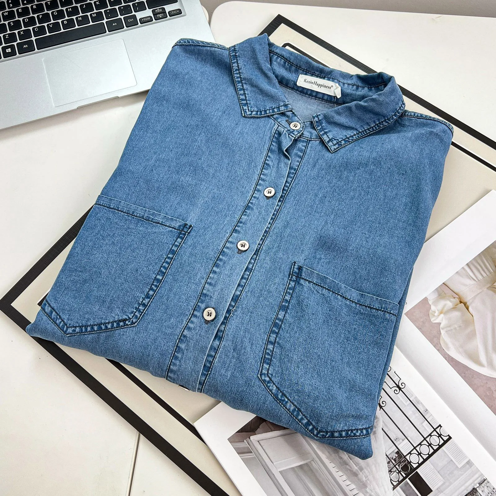 Simple Mid-length Lyocell Denim Shirt Women Plus Size Autumn Winter Casual Clothing Drop Sleeve Blouses Tops E21 K388