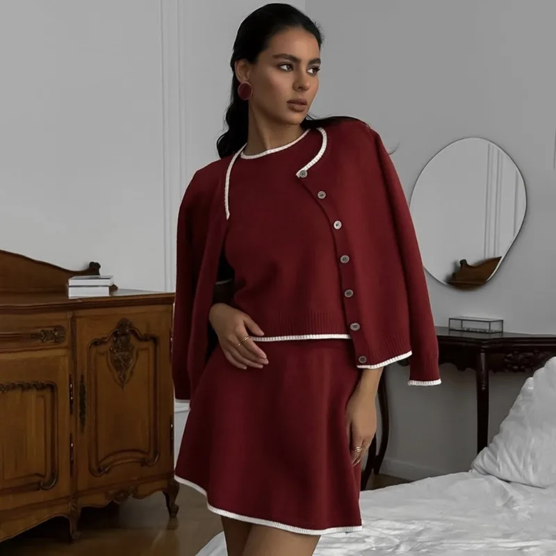

Tuularose Knit Skirt 3 Piece Set Fashion Contrast Top Casual Cardigan Slim Mini Skirt Set Vintage Elegant Women Knit Dress Sets