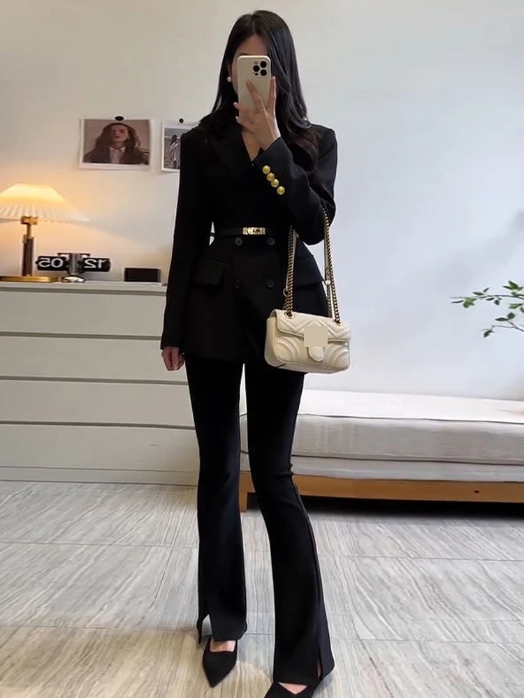 fashionable black long suit jacket high-end slim fit metal double-breasted irregular suit jacket women's casual office long jack