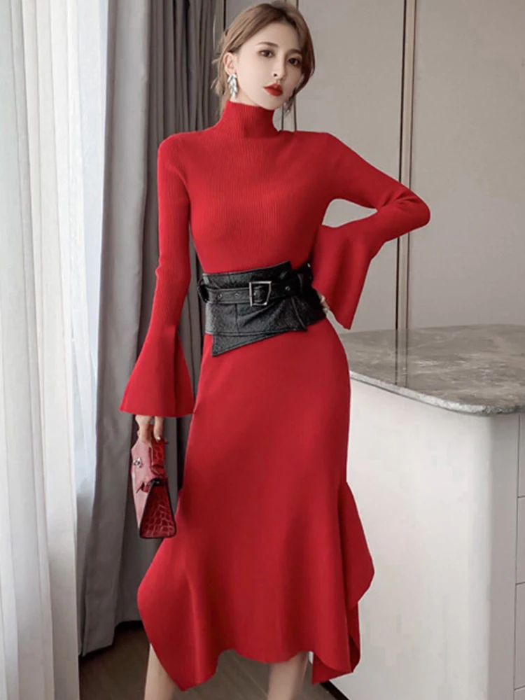 Autunno inverno donna Maxi abito lavorato a maglia 2023 elegante Chic rosso nero dolcevita manica svasata cintura tromba Robe Bottoming Vestidos