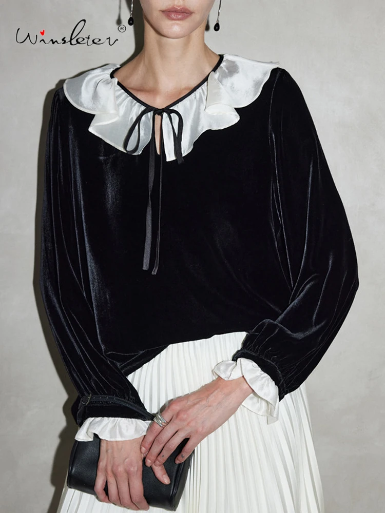 

Winsleter-Bottom 100%Real Silk Elegant Shirt, Long Sleeve V Neck Ruffles, Women Retro Loose Doll Blouse, 2026 Spring T61407CC