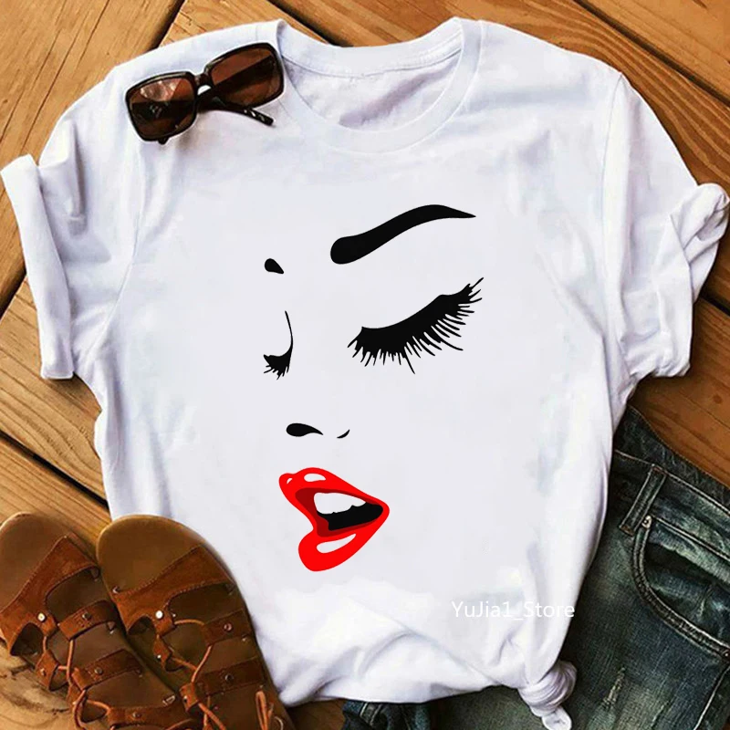 Cool Makeup Print T-Shirt Women'S Clothing White Sexy Birthday Tshirt Femme Summer Fashion Tops Tee Shirt Female Harajuku Shirt