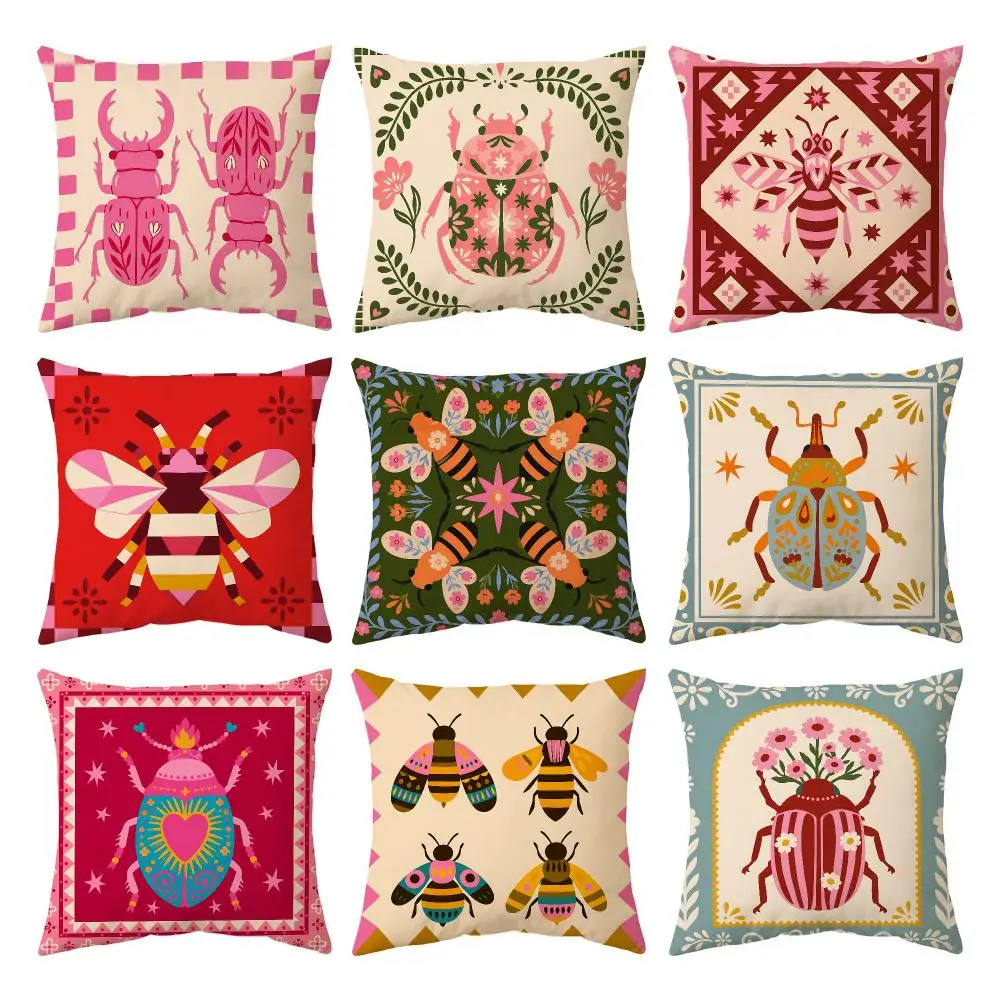 Folk Art Beetle Colorful Insect Cushion Cover Breathable Cool Natural Durable Linen Printed Pillow Case Decor Sofa Bedroom