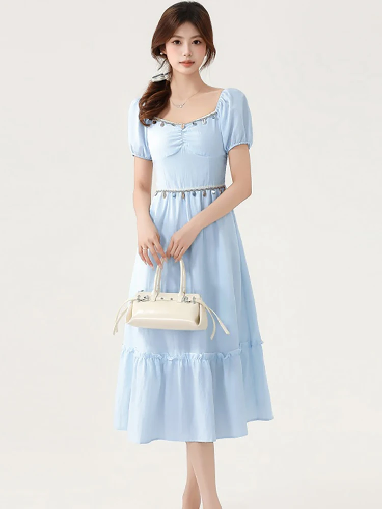 

Summer Blue Short Sleeve Square Collar Midi Dress 2025 New Chic Bodycon Party Dress and Events Women Korean Elegant Home Dresses