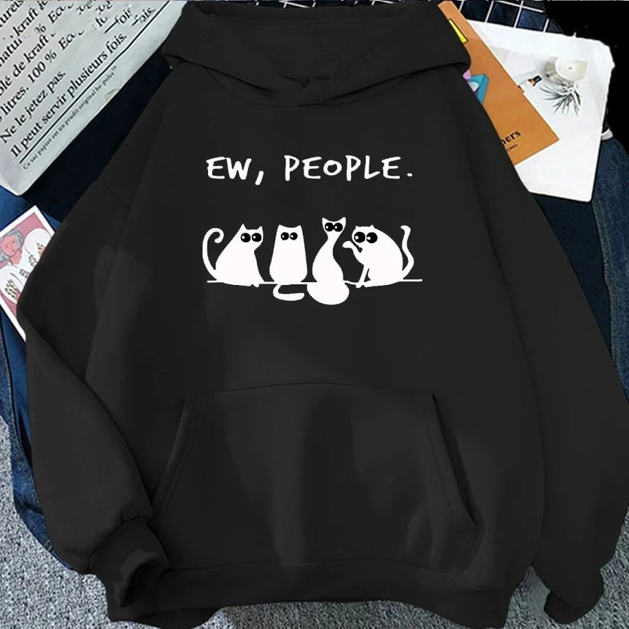 American Vintage 2026 Autumn Winter Woman Hoodies EW PEOPLE Letter Print Top Funny Harajuku Cartoon Black Cat Pattern Clothing