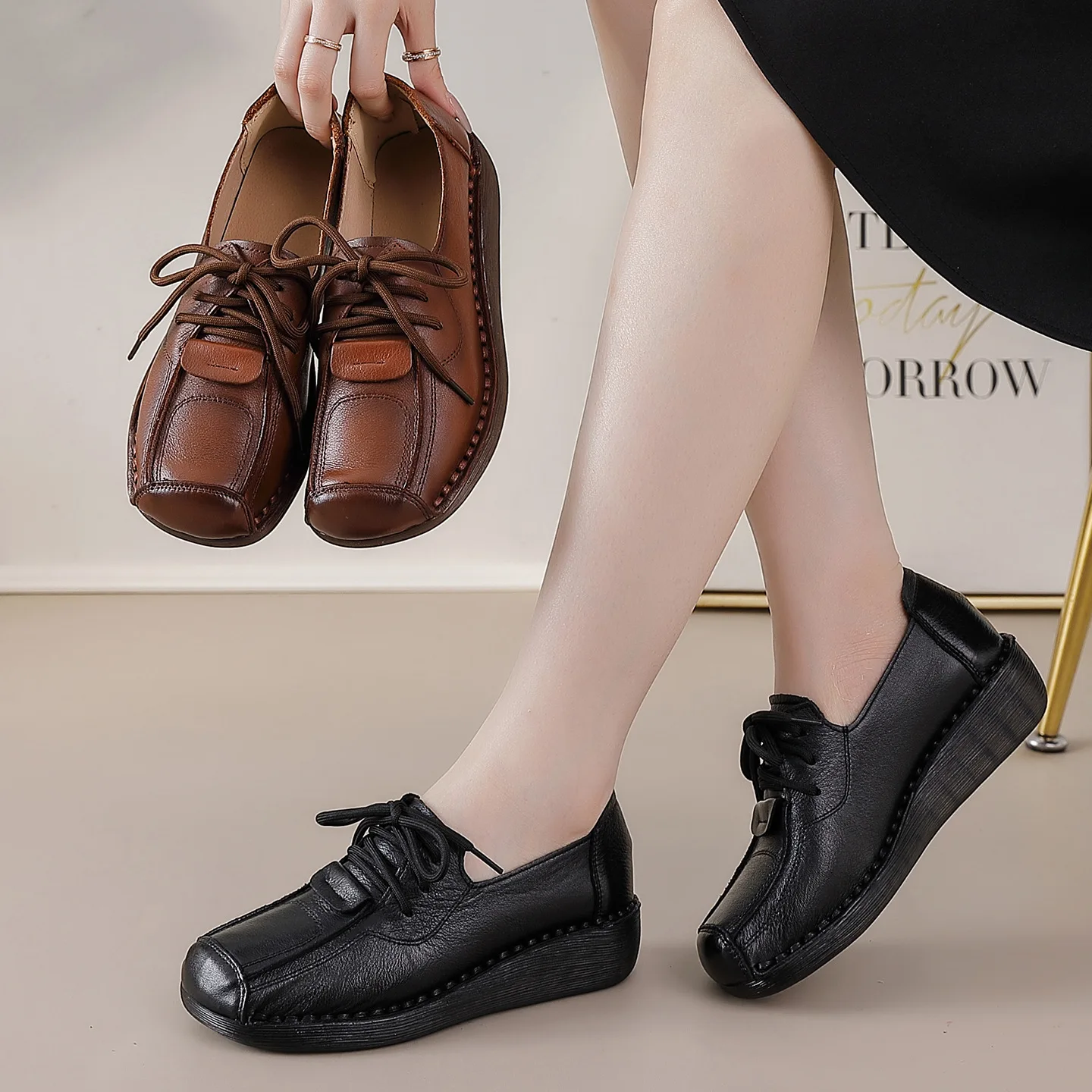 

GKTINOO Natural Leather Shoes for Women Soft Soled Round Toe Mom Flats Woman Lace Up Anti Slip Sneakers Ladies Flat Shoes