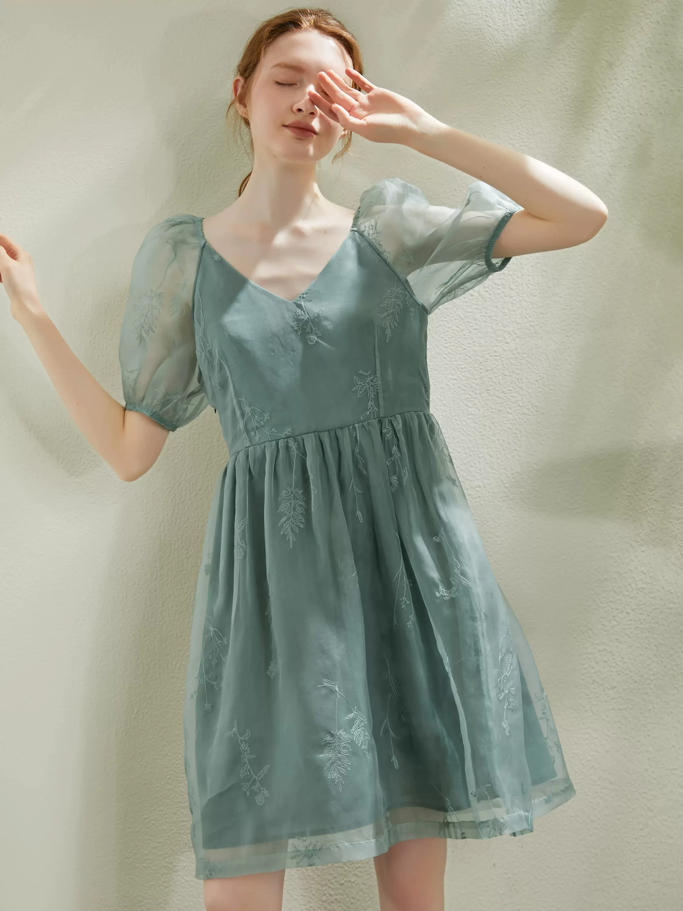 BirdTree, 100% Real Silk Organza Dresses, Women Puff Sleeve Embroidery, Literature French Temperament Dress,2024 Summer D44877QC