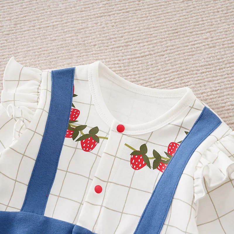 الوليد طفلة عادية بسيطة وهمية حزام الكتف الفاكهة الفراولة الربيع والخريف مختلط اللون طويلة الأكمام بذلة الطفل