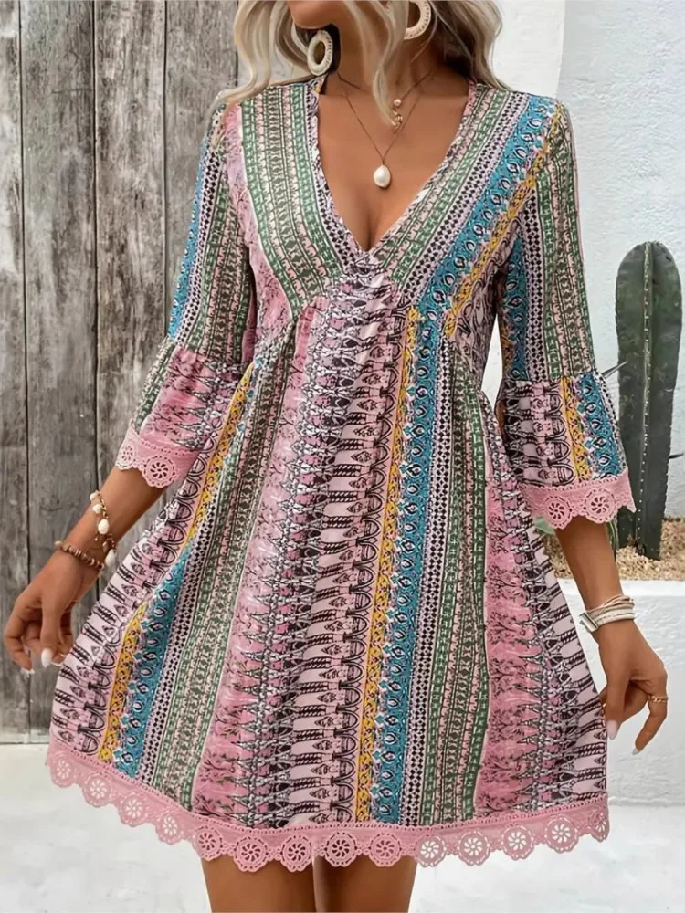 Summer Boho Print Dress Women Fashion Three Quarter V Neck Loose Mini Dresses Female Casual Holiday Beach Skirts Womens Clothing